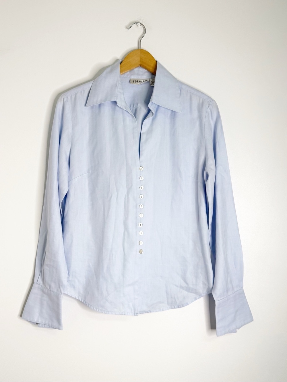 Farinaz Taghavi Blue Wool Button Front Blouse Size 12 Made in Canada